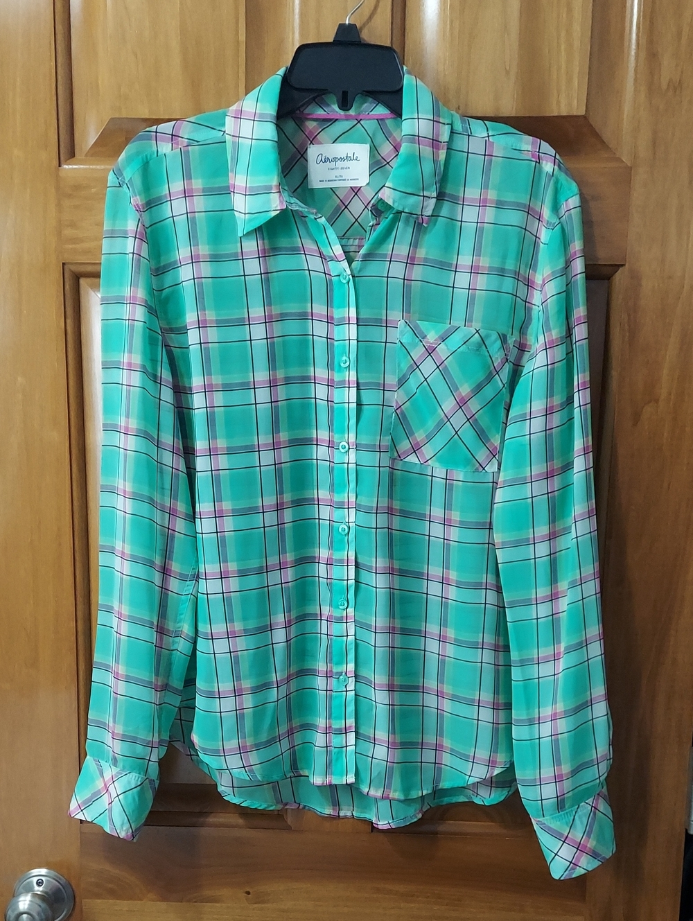 Aeropostale Boho Mint Plaid Button-Up Chiffon Shirt with Pink Accents, Size XL ▪